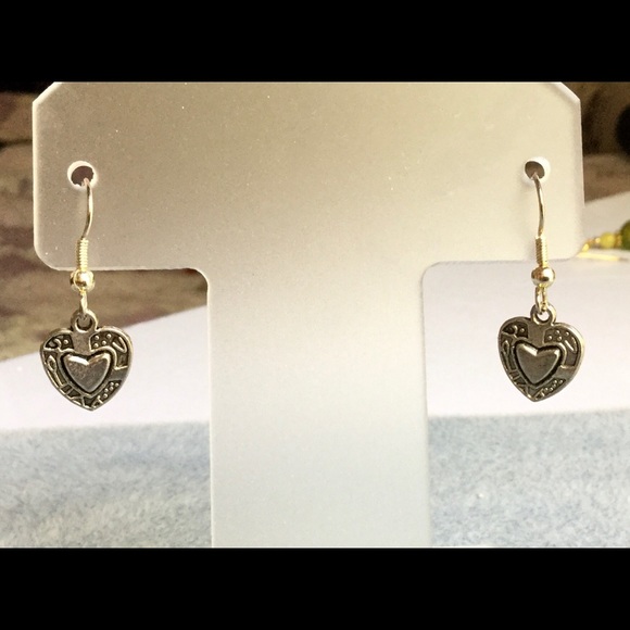 Pewter Heart Drop Earrings -Silver Plated Earwires - Picture 3 of 4
